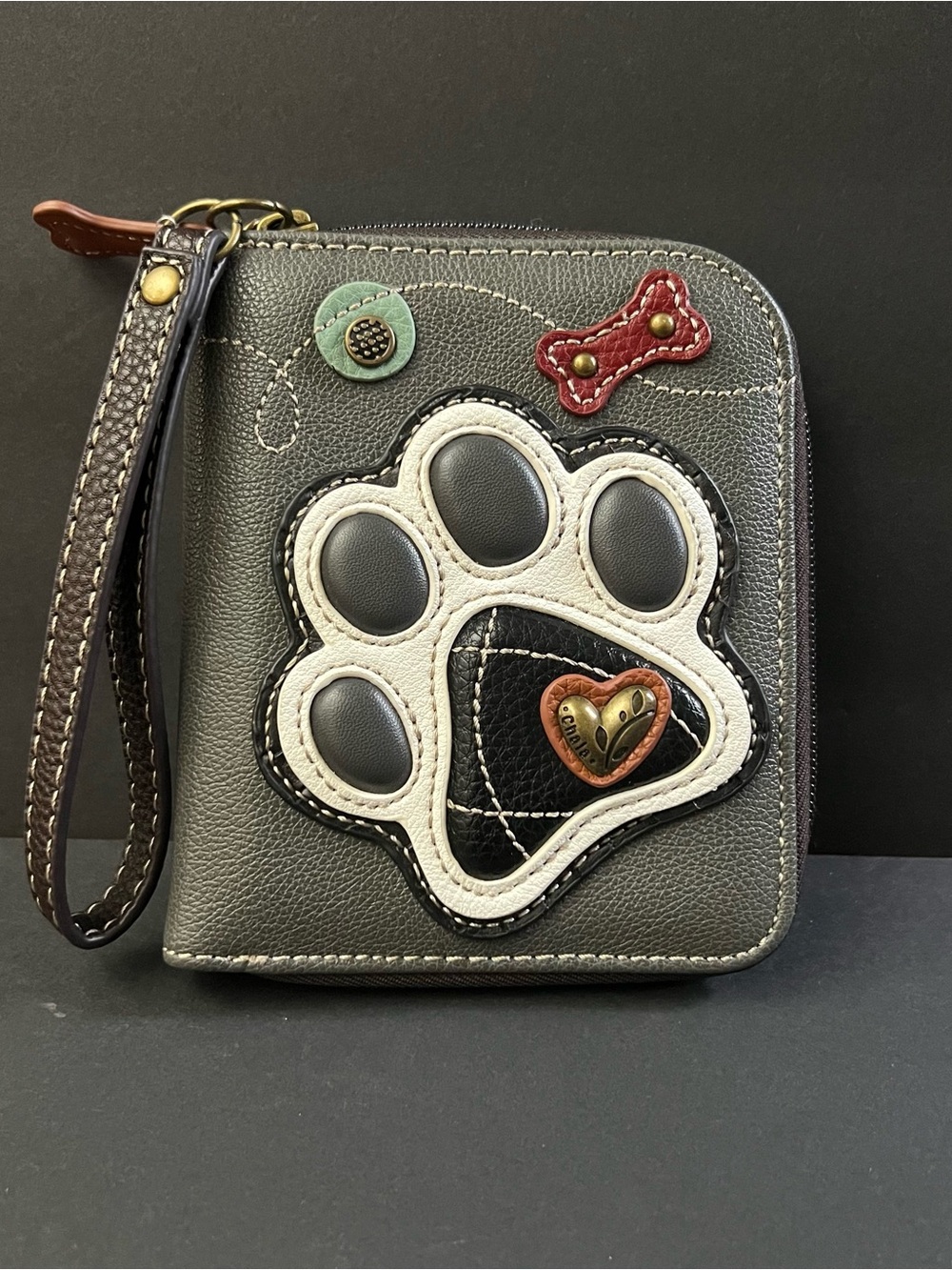 Chala Gray Paw Print Wristlet Wallet with Multicolor Charms & Accents NEW